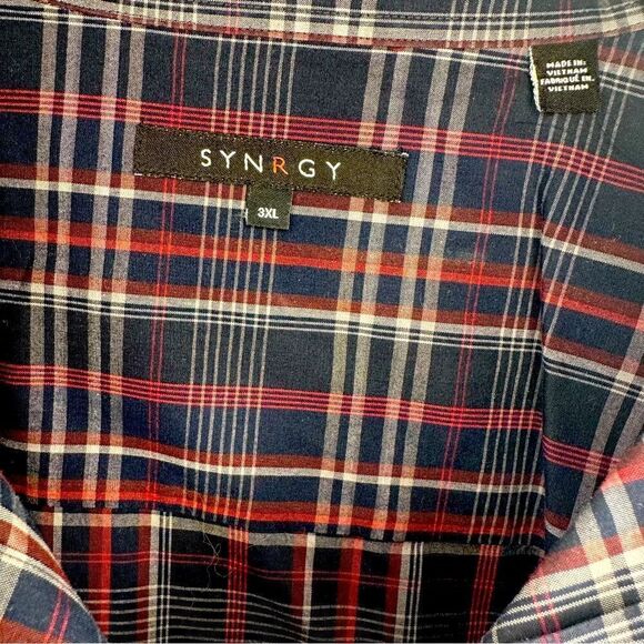 SYNRGY Long Sleeve Button Front Navy Blue and Red Plaid Shirt - Picture 3 of 5